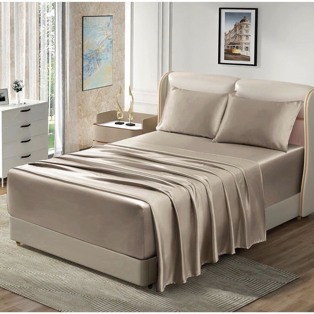 Bed Cover 4pcs Extra Deep Pocket Satin Sheets Queen Size Bed Set, 18-24 Inch